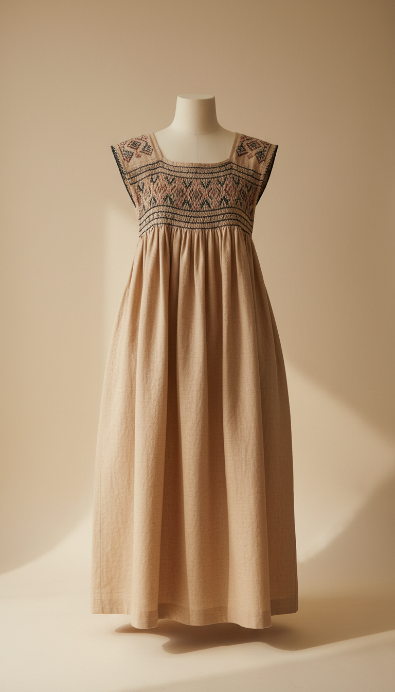 Wheat Cotton Smocked Apron Dress