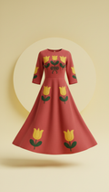 Folk Red Tulip Applique Midi Dress