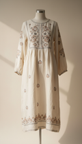Ivory Embroidered Linen Midi Dress