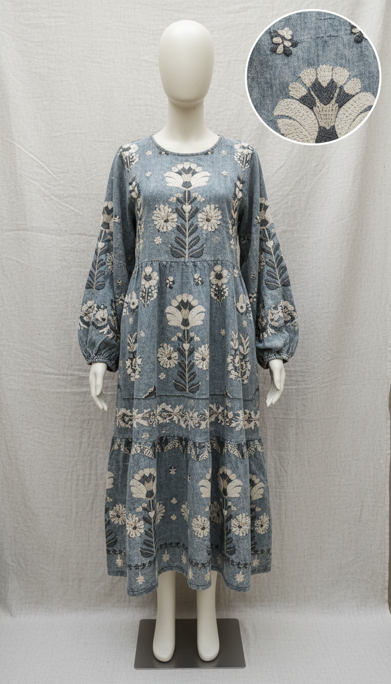 Stonewash Floral Folk Motif Midi Dress