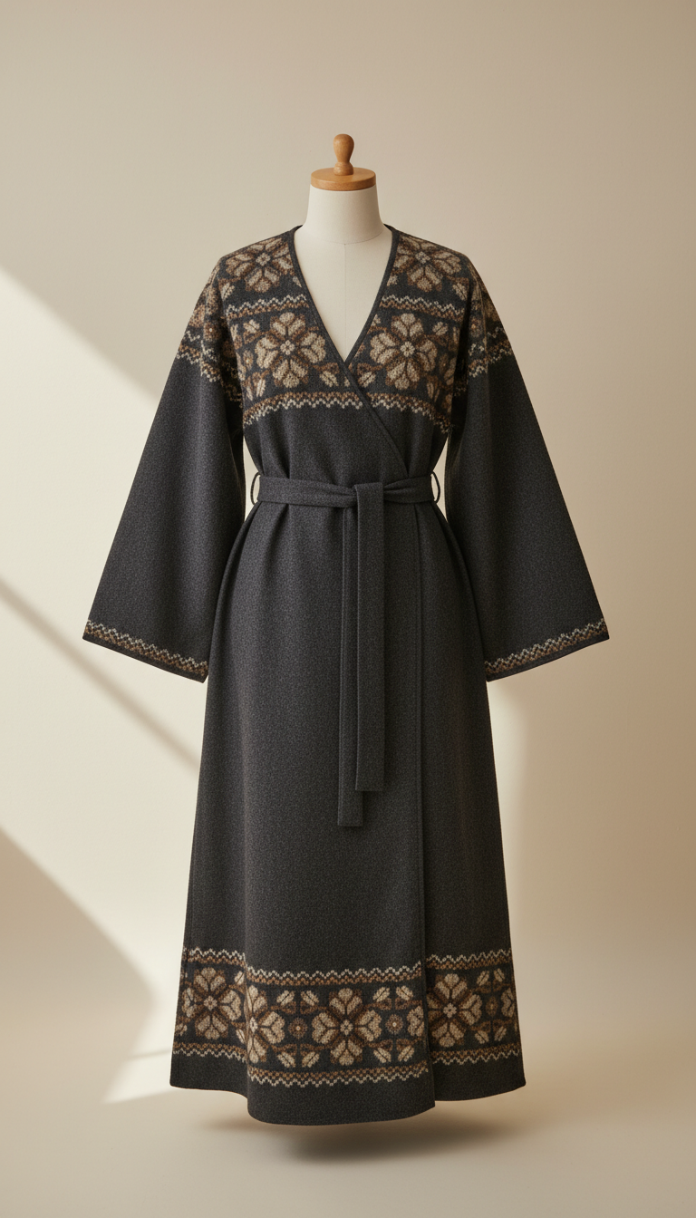 Charcoal Wool Folk Motif Wrap Dress