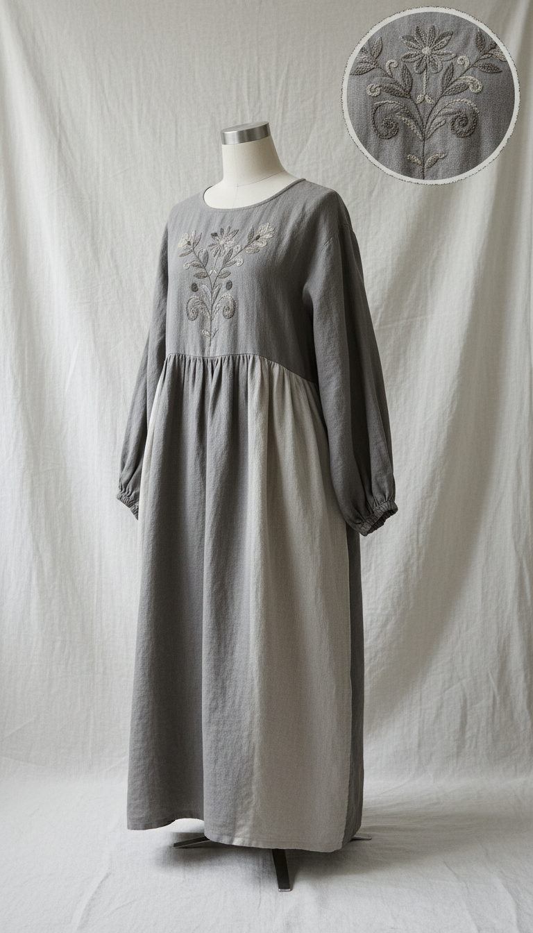 Worn Pewter Gathered Linen Day Dress